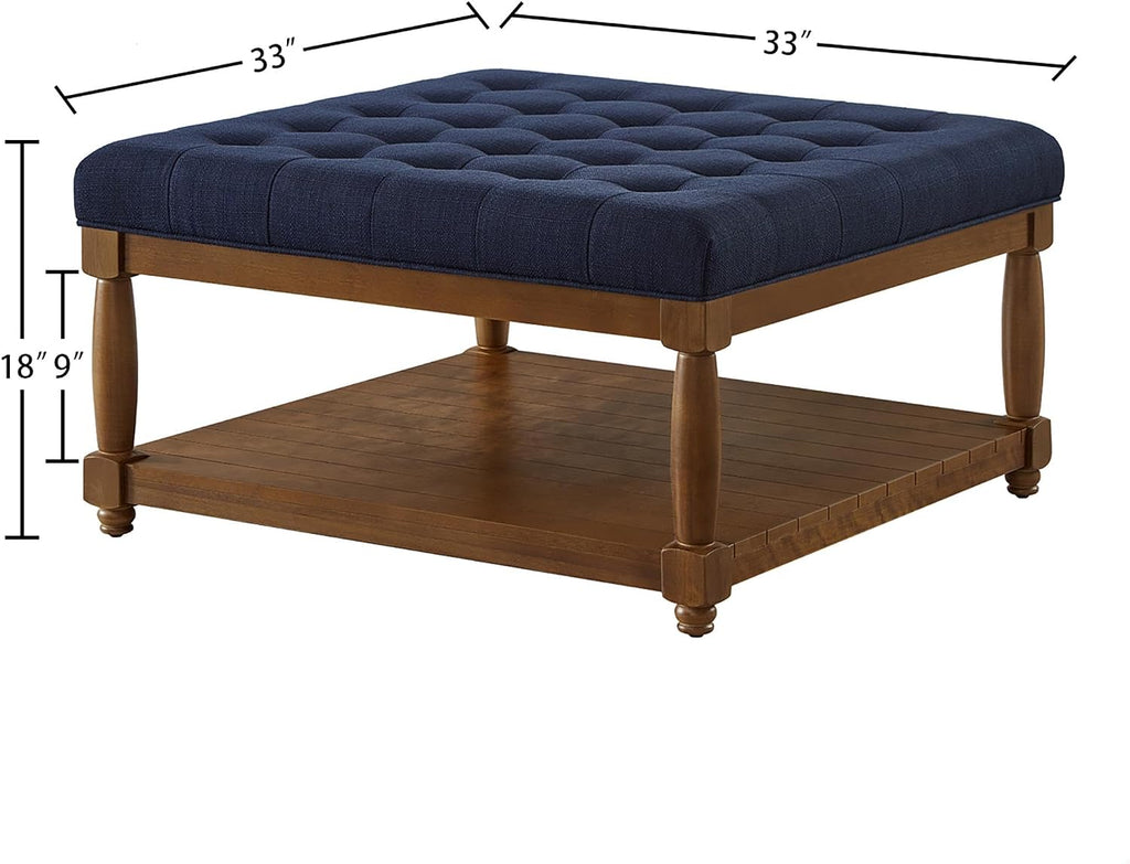 GDFStudio Large Square Upholstered Tufted Linen Ottoman Coffee Table with Solid Wood Frame and Open Storage Shelf, Nailhead Trim Accent Footrest for Living Room, Navy Blue