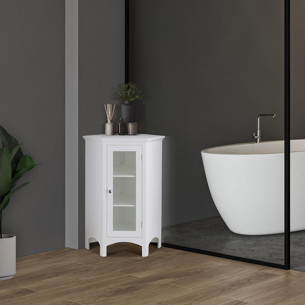 Teamson Home Madison Bathroom Corner Floor Cabinet, Freestanding Narrow Storage Corner Cabinet with Tempered Glass Panel and Adjustable Shelves, White