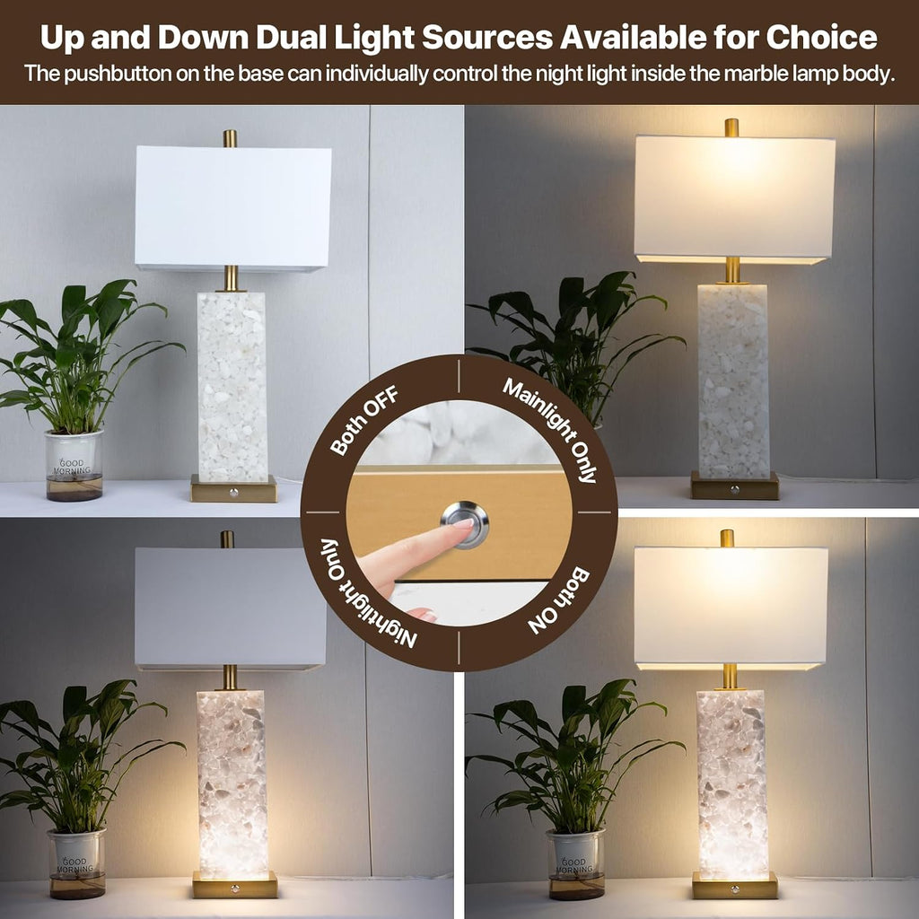 2-Pack 25.6' Alabaster Lamps, Marble Lamp Nightstand Lamps Set of 2, 3-Color Temperatures Bedside Lamps with Nightlight, Modern Table Lamp with USB Ports for Living Room Bedroom Hotel, Bulbs Included