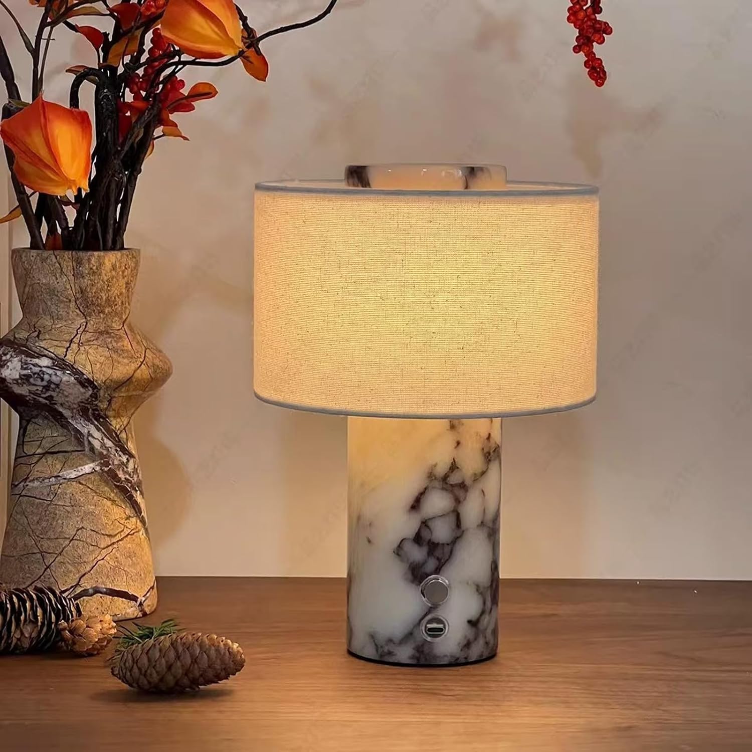 Marble Luxury Stone Rechargeable Touch Table Lamp, Cylindrical Shape, Linen Cloth Fiber Lampshade, High-End and Light Luxury, Bedroom Bedside Table Night Light, Black and White