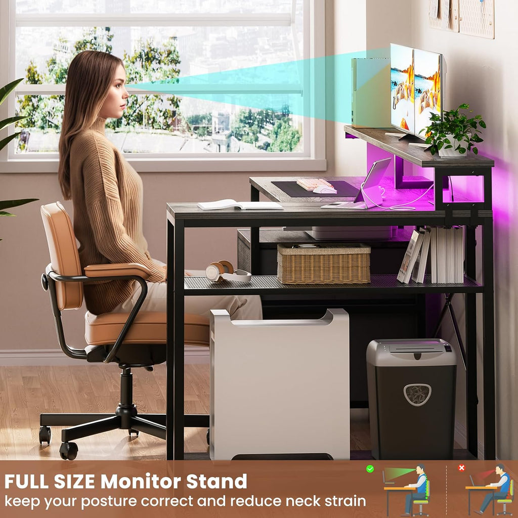Aheaplus L Shaped Desk with File Drawer, Reversible L Shaped Computer Desk Gaming Desk with Power Outlet & LED Strip, Home Office Desk with Monitor Shelf, Corner Desk with Storage Shelves, Grey Oak