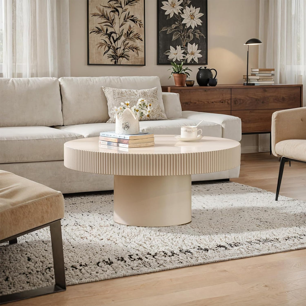 Round Fluted Coffee Table Mid Century Modern Coffee Tables with Handcrafted Relief Circle Drum End Table Rustic Industrial Center Tables for Apartment Living Room (White Round Thin)