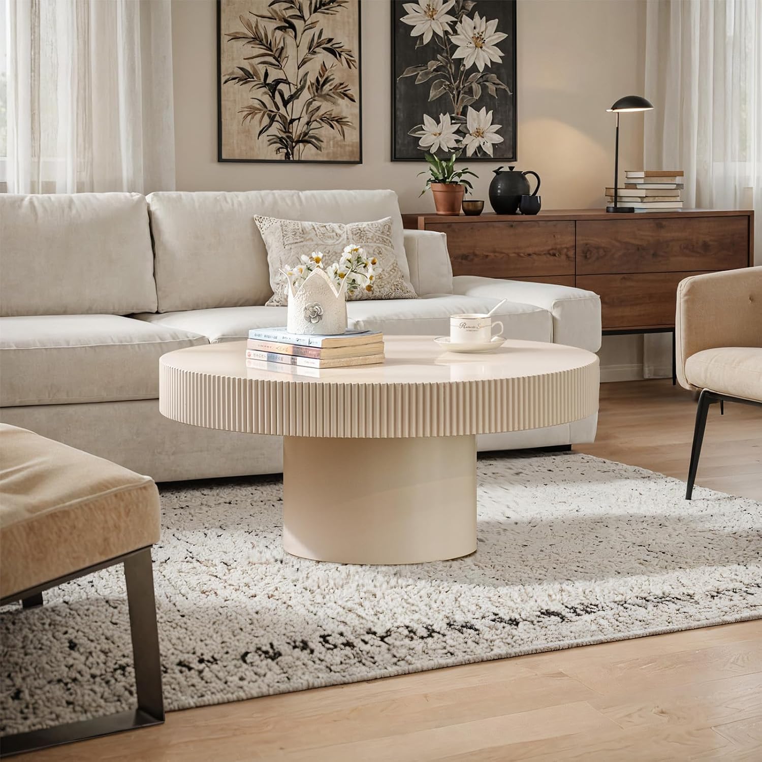 Round Fluted Coffee Table Mid Century Modern Coffee Tables with Handcrafted Relief Circle Drum End Table Rustic Industrial Center Tables for Apartment Living Room (White Round Thin)