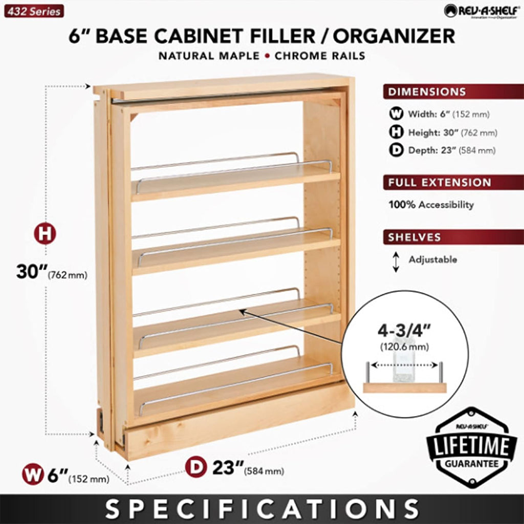 Rev-A-Shelf Pullout Filler for Between Base Kitchen Cabinets, Wooden Pantry Storage Shelves for 6' W x 30' H Opening, New Install Only, 432-BF-6C