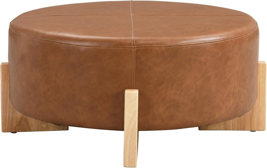 Merax 34'' Cocktail Round Ottoman, Modern Ottoman Coffee Table with Removable Top，Leather Ottoman for Living Room, Bedroom, Office,Brown