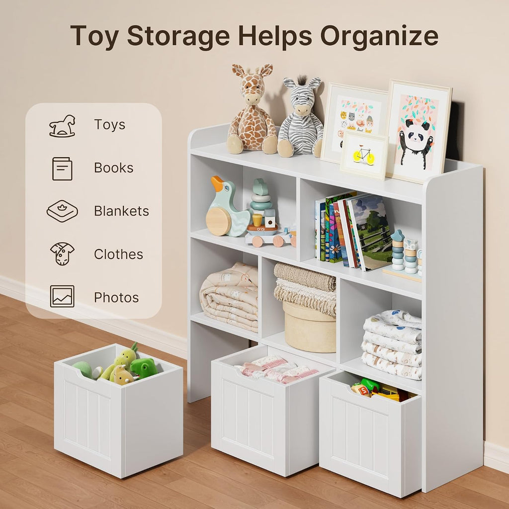 Gizoon Toy Storage Organizer with 3 Movable Drawers and 6 Open Shelves Kids Bookshelf Featuring Fall Prevention Barrier for Playroom Nursery Kids Room Organization, White, Painted