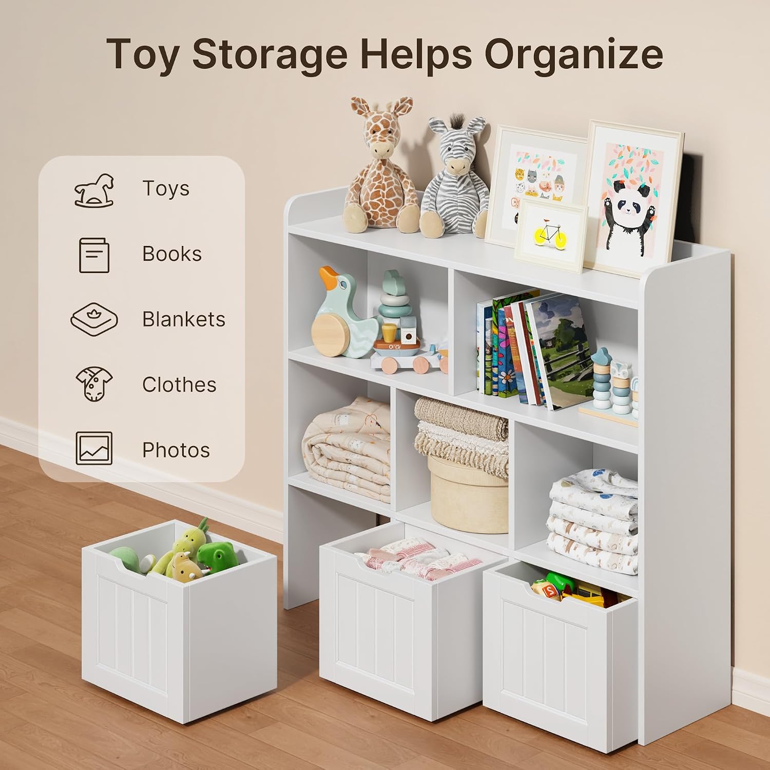 Gizoon Toy Storage Organizer with 3 Movable Drawers and 6 Open Shelves Kids Bookshelf Featuring Fall Prevention Barrier for Playroom Nursery Kids Room Organization, White, Painted