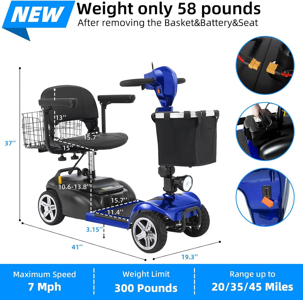 45 Miles 4 Wheels Mobility Scooter for Seniors/Adults Up to 300LBS,350W Electric Wheelchair Detachable Lithium Battery,Dual Baskets,Rotating Seat,with Taillight, USB Charging, Blue