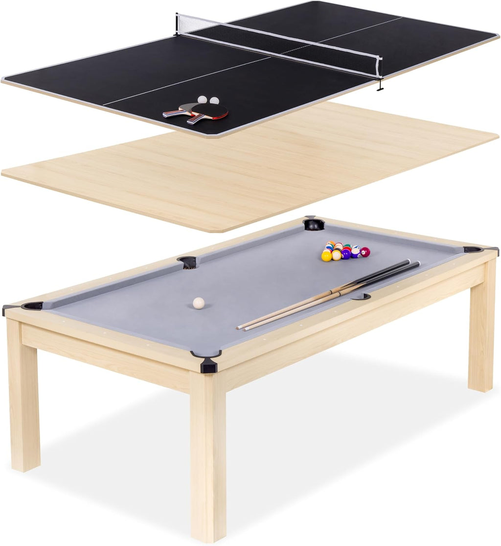 GoSports 3 in 1 Pool, Dining, & Table Tennis Combo Table and Storage Benches - 7 ft or 8 ft - Convertible Billiards and Table Tennis with Accessories