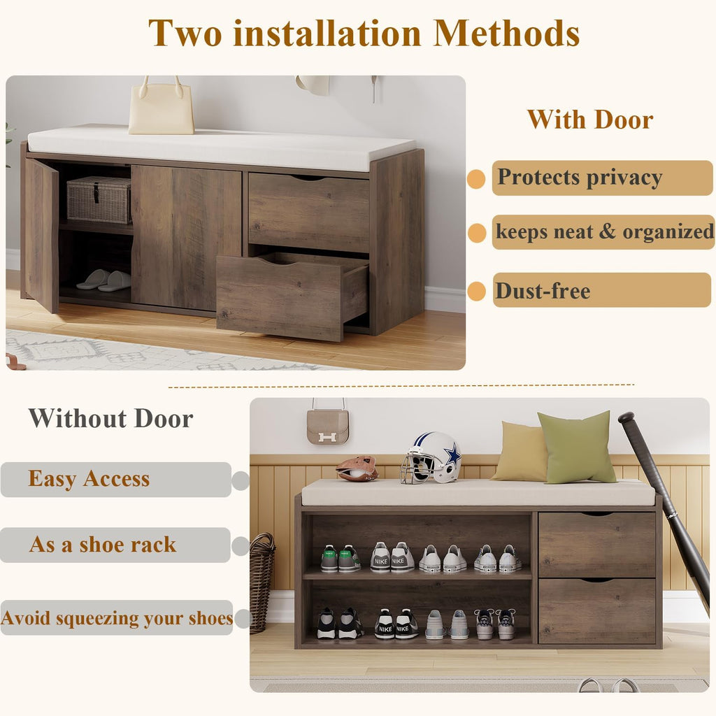 LVB Entryway Bench with Storage, 40' Storage Bench with Padded Cushioned Seat, Farmhouse Shoe Bench with 2 Drawers Cabinet Shelf, Industrial Wood Shoe Rack Bench for Living Bedroom，Rustic Oak, 40in