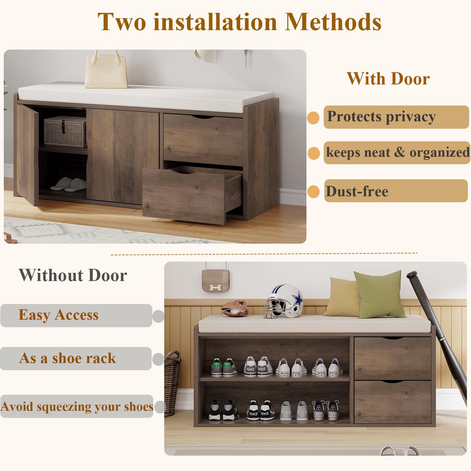 LVB Entryway Bench with Storage, 40' Storage Bench with Padded Cushioned Seat, Farmhouse Shoe Bench with 2 Drawers Cabinet Shelf, Industrial Wood Shoe Rack Bench for Living Bedroom，Rustic Oak, 40in