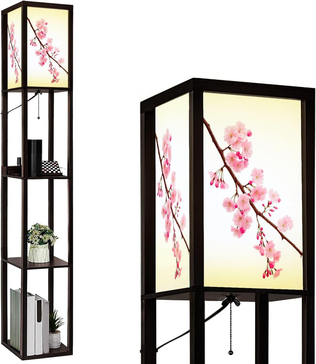 Floor Lamp with Shelves Pink Cherry Blossoms White Standing Tall Lamp USB Ports & Power Outlet Modern Corner Lamp Nightstand Light for Living Room Bedroom