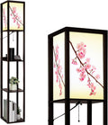 Floor Lamp with Shelves Pink Cherry Blossoms White Standing Tall Lamp USB Ports & Power Outlet Modern Corner Lamp Nightstand Light for Living Room Bedroom