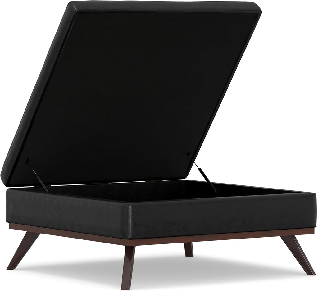 SIMPLIHOME Owen XL Square Coffee Table Storage Ottoman - 40 inch Wide Upholstered Vegan Leather Lift-Top Ottoman in Distressed Black, Mid-Century Modern Ottoman for Living Room with Ample Storage