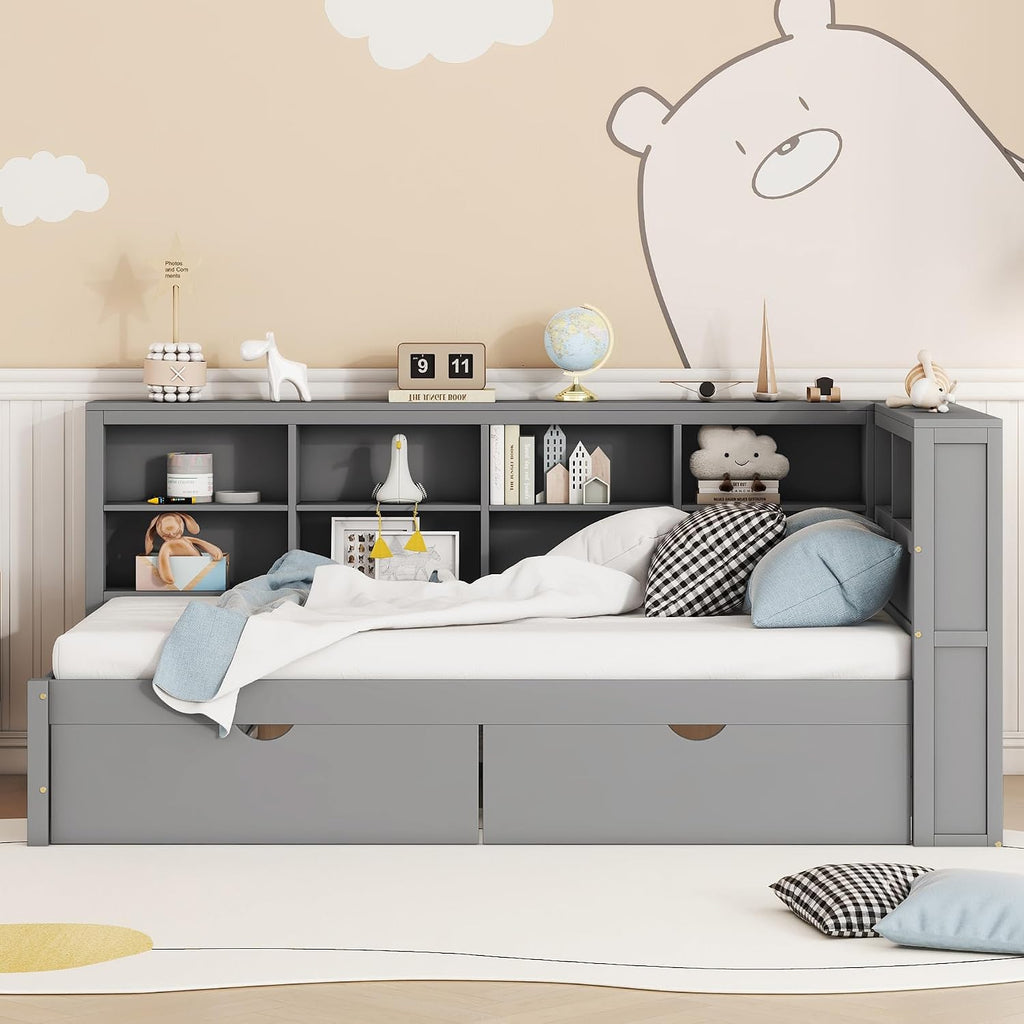 Twin Size Daybed with Storage Drawers and L-Shaped Bookcase Headboard, Wood Corner Bed Frame with Charging Station and Shelves for Kids Boys Girls, Grey