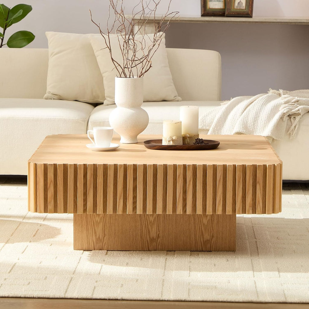 35.43''Square Coffee Table for Living Room Wood Fluted Coffee Table Modern Center Tables with Solid Wooden Pedestal for Apartment (Natural Wood)
