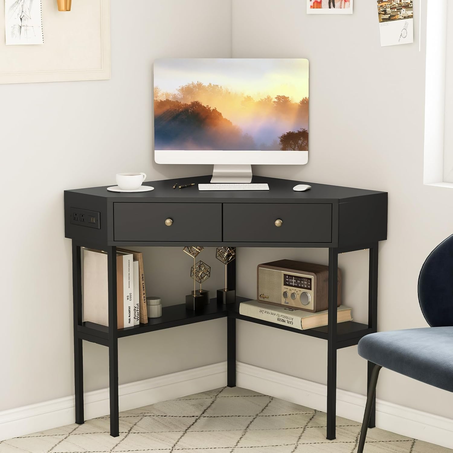 POWERSTONE Corner Desk with Charging Station & 2 Drawers, Space-Saving Makeup Vanity Triangle Computer Desk Workstation with Storage Shelves for Bedroom, Study Black