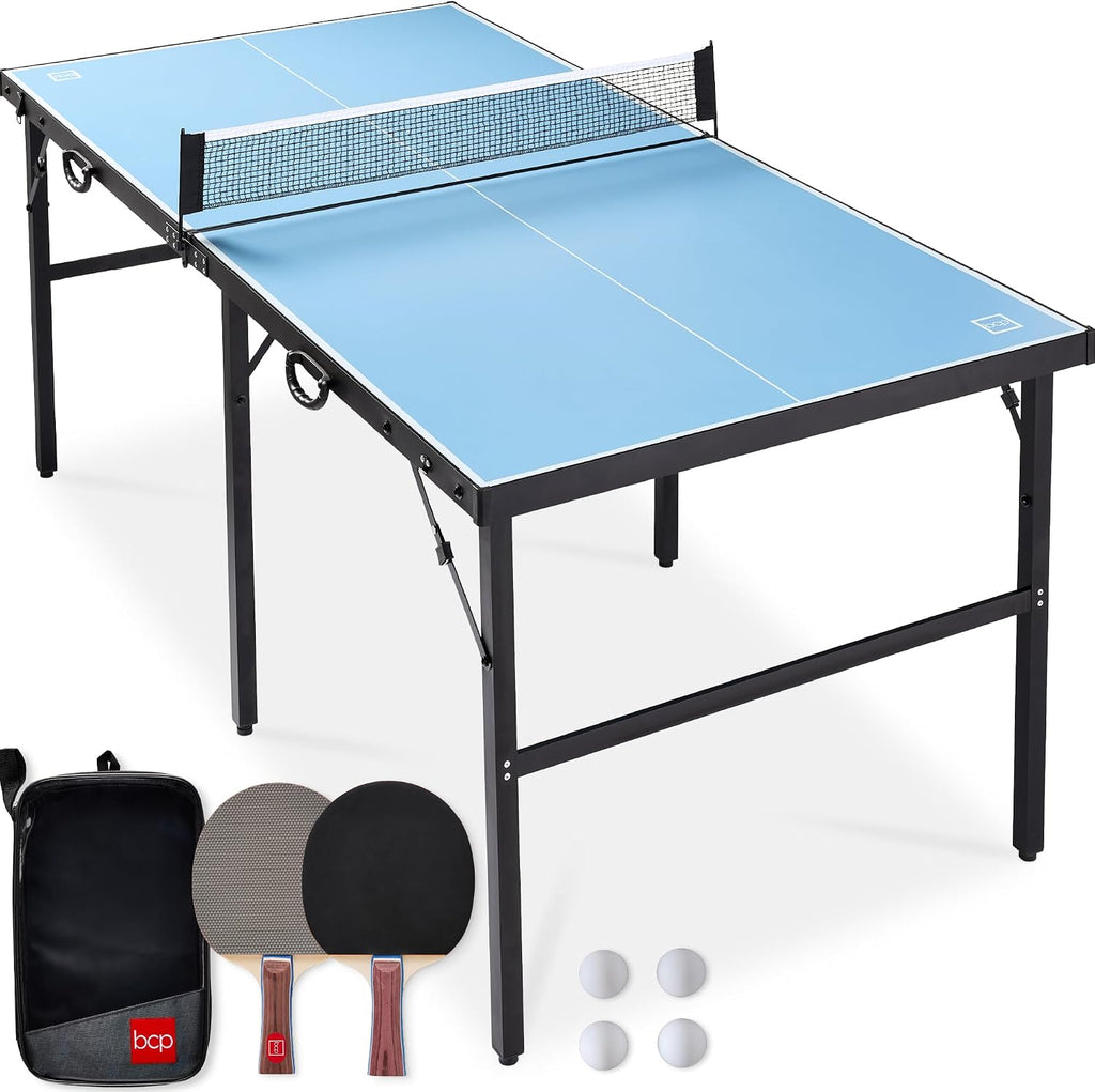 Best Choice Products Portable Ping Pong Table, Mid-Size Folding Indoor Outdoor Table Tennis w/ 2 Paddles, 4 Balls Included, Carrying Bag