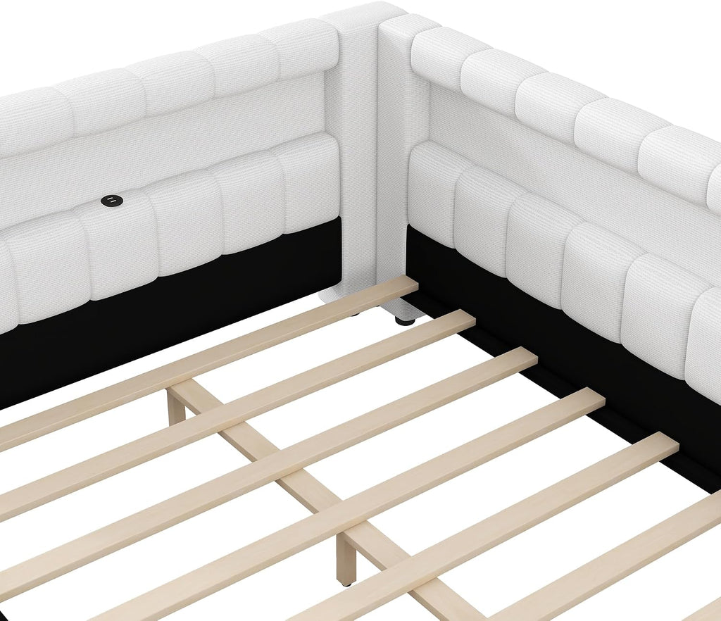 Upholstered Full XL Size Daybed with LED and USB Ports, L-Shaped Corner Day Bed with Storage Shelves Headboard,Space Saving for Girls Adults Kids Boys, White