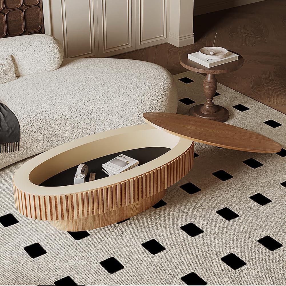 47.2'' Oval Coffee Table with Storage for Living Room Modern Fluted Coffee Table with Lid Pedestal Center Tables Accent Tea Table for Apartment, Natural Wood Oak