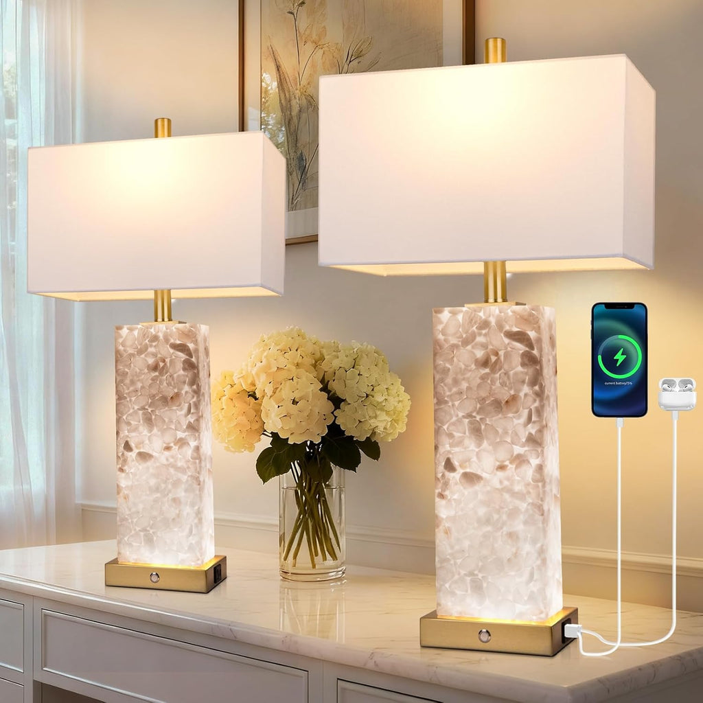 2-Pack 25.6' Alabaster Lamps, Marble Lamp Nightstand Lamps Set of 2, 3-Color Temperatures Bedside Lamps with Nightlight, Modern Table Lamp with USB Ports for Living Room Bedroom Hotel, Bulbs Included