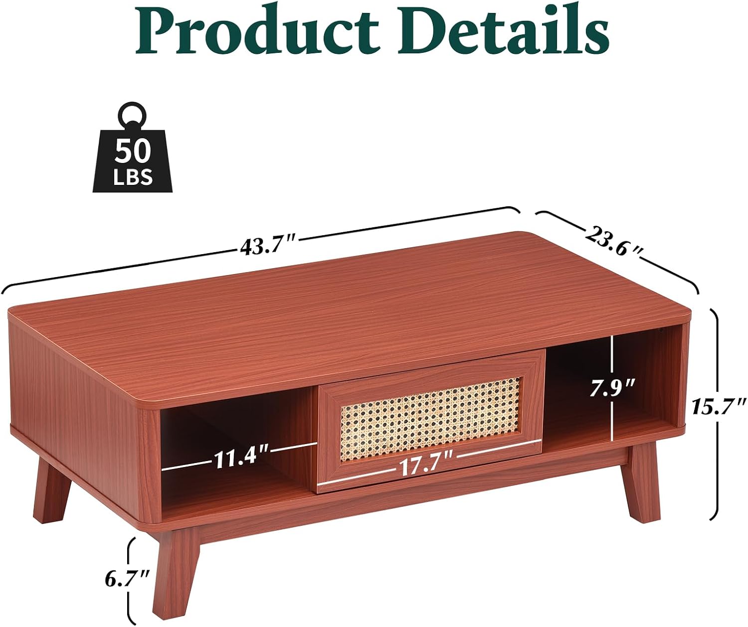 Farini Mid Century Modern Square Coffee Table with Rattan Drawer and Solid Wood Legs, Storage Living Room Table for Home,Office,Cherry