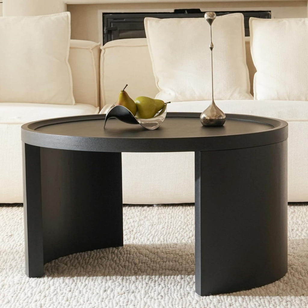 Round Nesting Coffee Table Set of 2, Black Coffee Table, 31.5' Large & 18' Small Low Tables with Wood Top, Center Table for Living Room, Bedroom, Minimalist Center Table Set