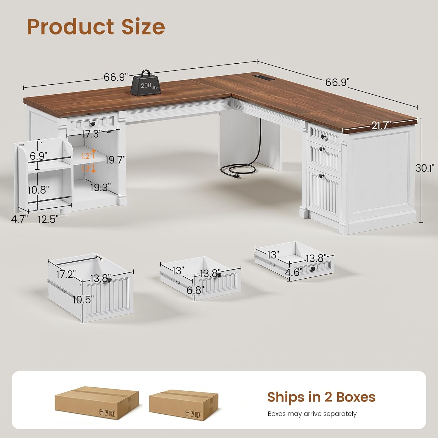 SEDETA L Shaped Desk with 4 Drawers, 67'x 67' Executive Home Office Desk with File Drawers & Storage Cabinet, Corner Computer Desk with Power Strip for Bedroom, Brown+White