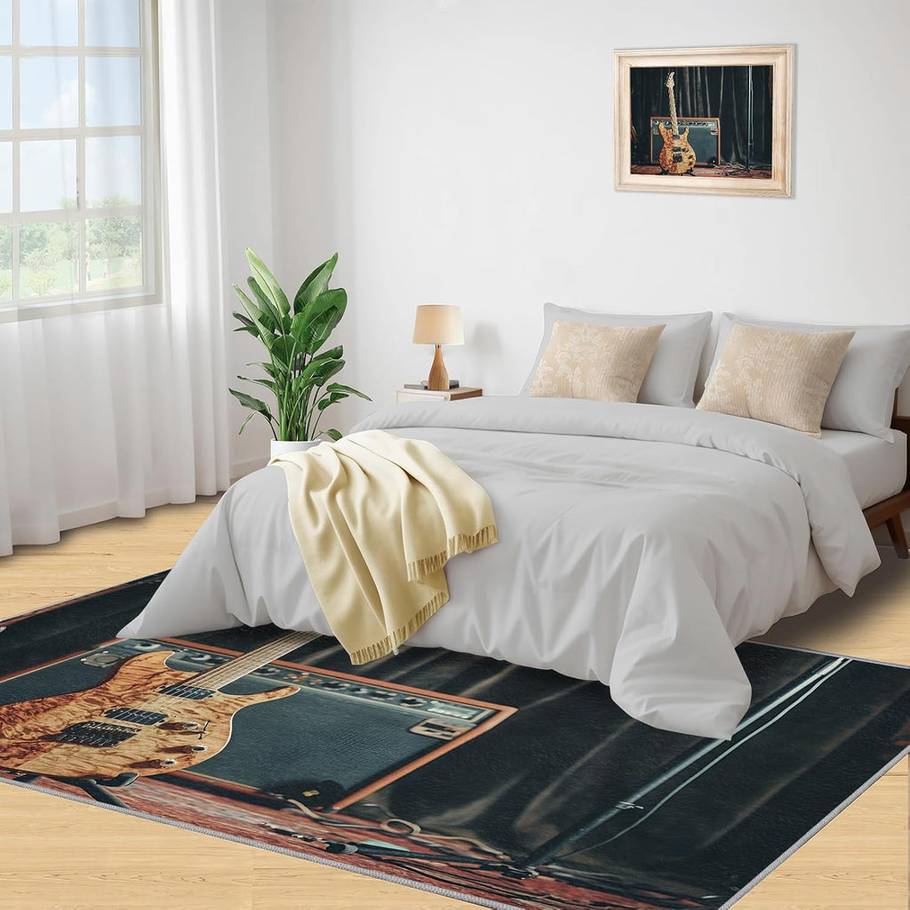 Guitar Rugs for Music Room - 5x7 Rug, Americana Guitars Rug, Musical Instrument Washable Area Rugs for Bedroom, Rock and Roll Carpet, Boys Room Carpet - Guitar Home Decor & Gift