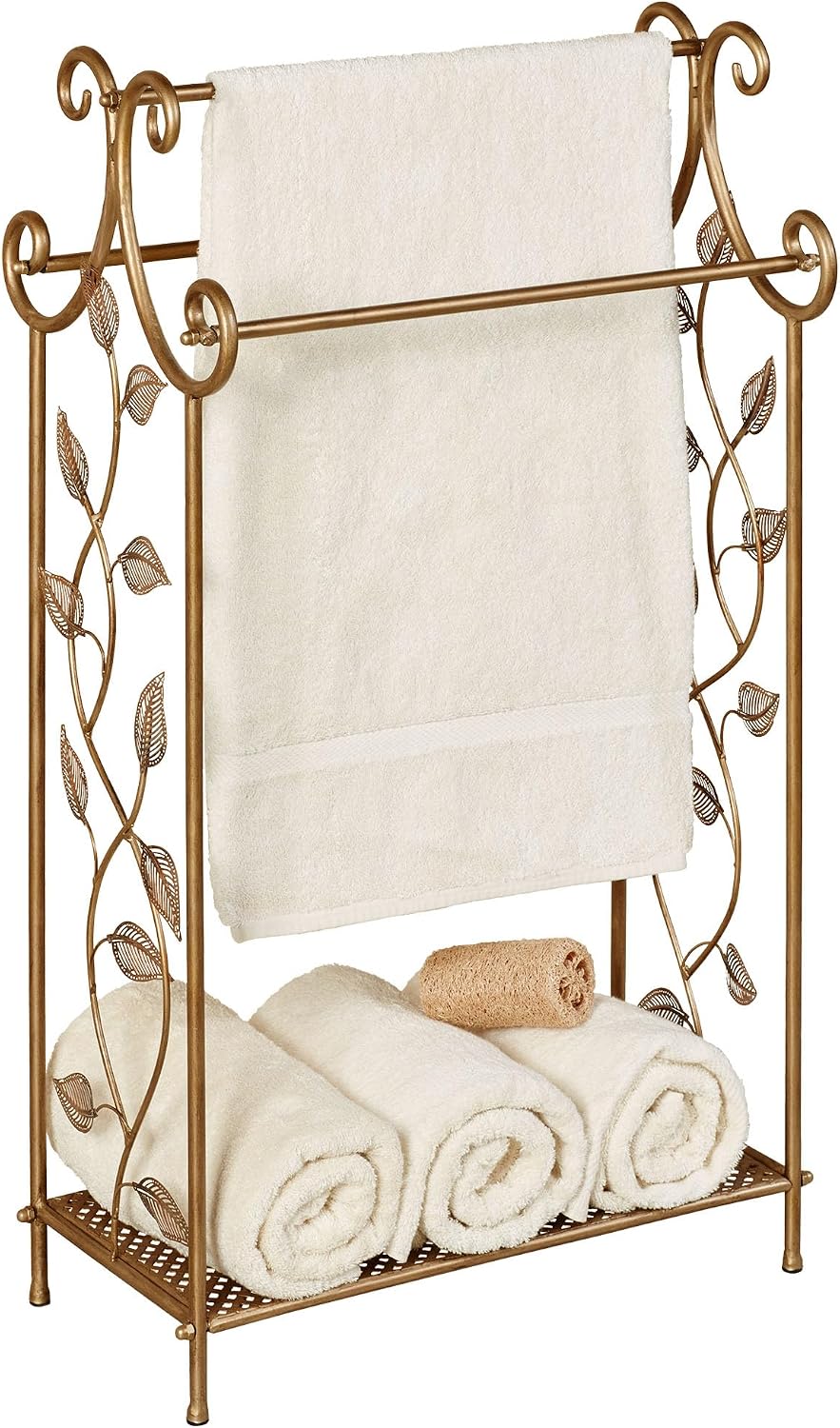 Touch of Class Eden Towel Rack Stand, Champagne Bronze | Metal, Freestanding Bathroom Towel Holder, Three Bar Storage, Nature Inspired Leaf Design, Powder Coated