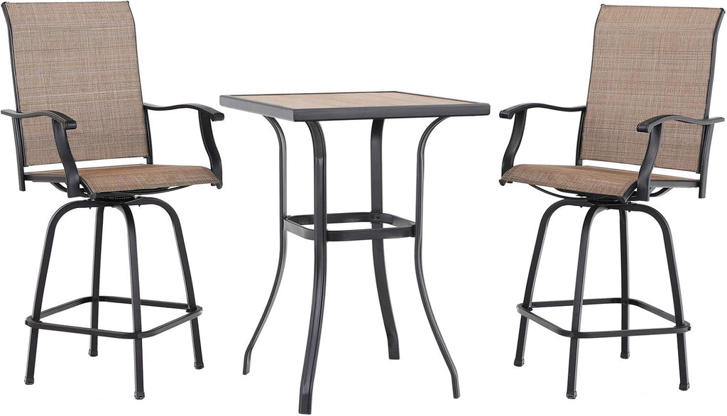 PHI VILLA 3 PCS Patio Swivel Bar Sets Textilene High Bistro Sets with 2 Outdoor Bar Stools and 1 Square Bar Table, Brown