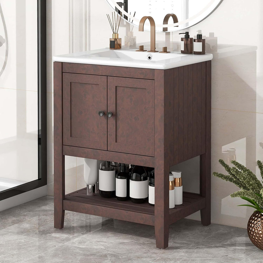 24 Inch Bathroom Vanity with Sink, Small Bathroom Sink Cabinet with Ceramic Basin & Solid Wood Frame and Open Shelf Storage for Small Space, Morandi White Style (Brown)