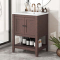 24 Inch Bathroom Vanity with Sink, Small Bathroom Sink Cabinet with Ceramic Basin & Solid Wood Frame and Open Shelf Storage for Small Space, Morandi White Style (Brown)