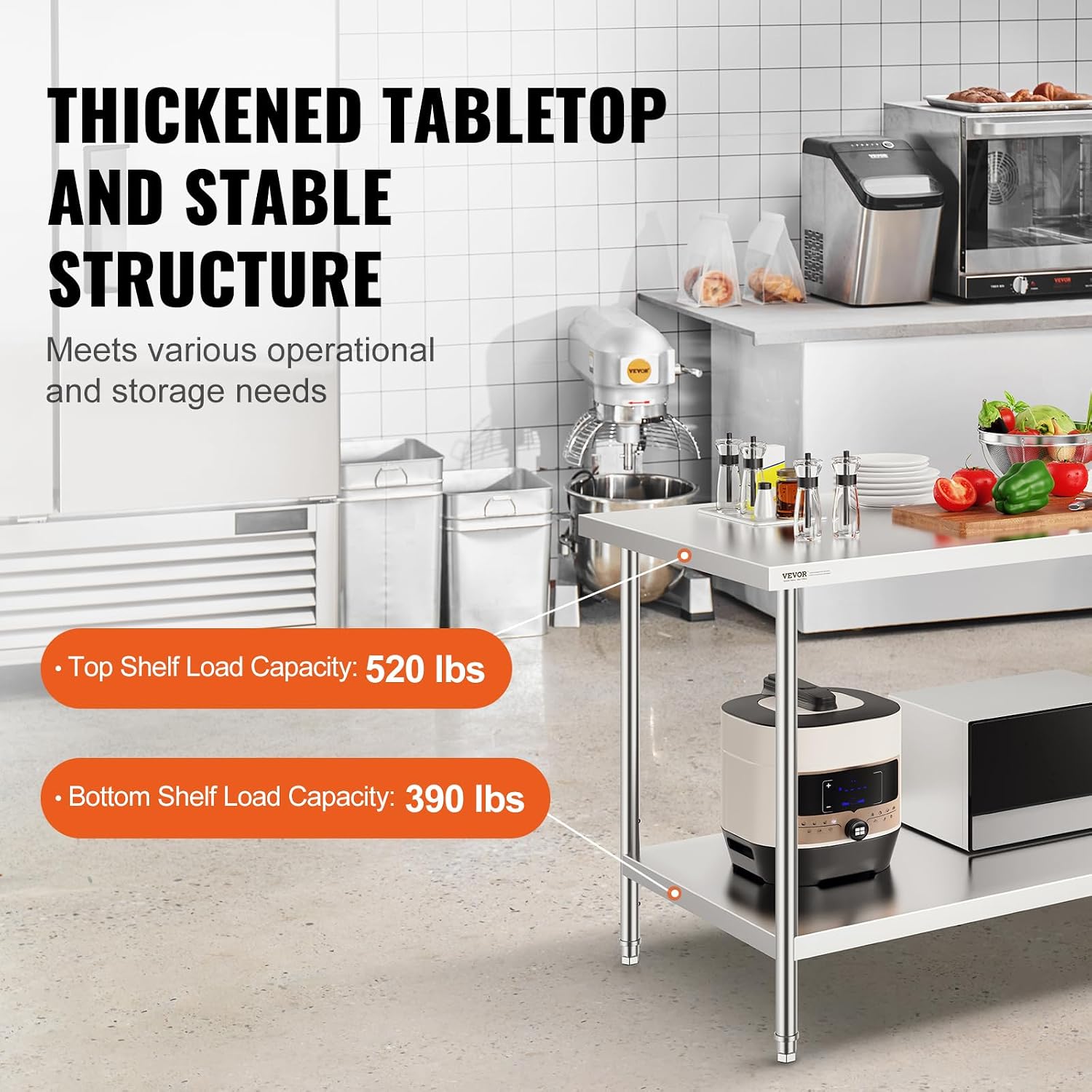 VEVOR Stainless Steel Prep Table, 30 x 60 x 34 Inch, 910 lbs Load Capacity, Heavy Duty Metal Worktable with 3 Adjustable Height Levels, Commercial Workstation for Kitchen Garage Restaurant Backyard
