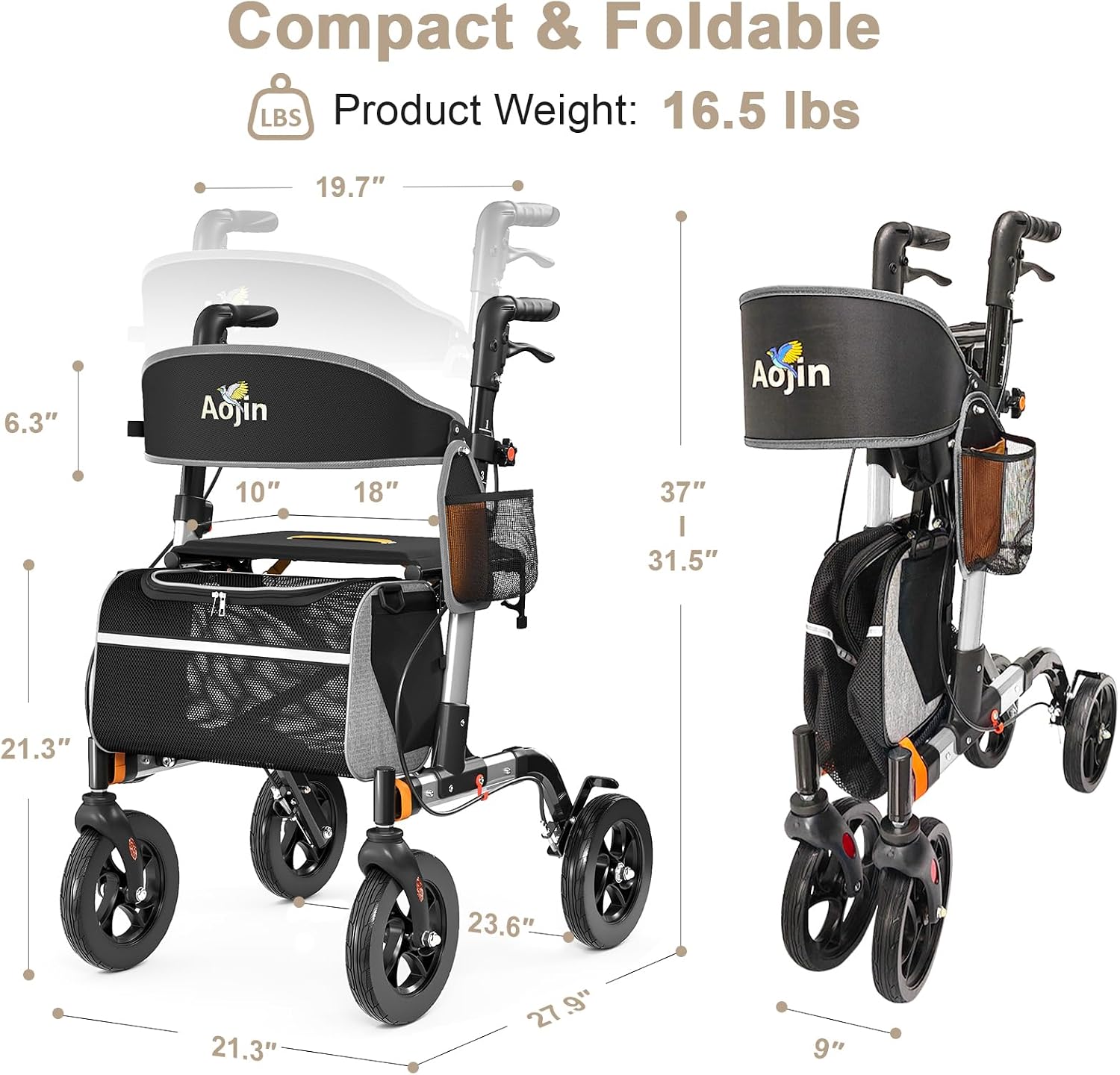 Walkers for Seniors, Rollator Walker with Seat, 350 lb Weight Capacity, 18' Big Seat, 8' All-Terrain Wheels, 6-Level Adjustable Height, Lightweight Aluminum Frame Rollator Walkers for Seniors (Silver)