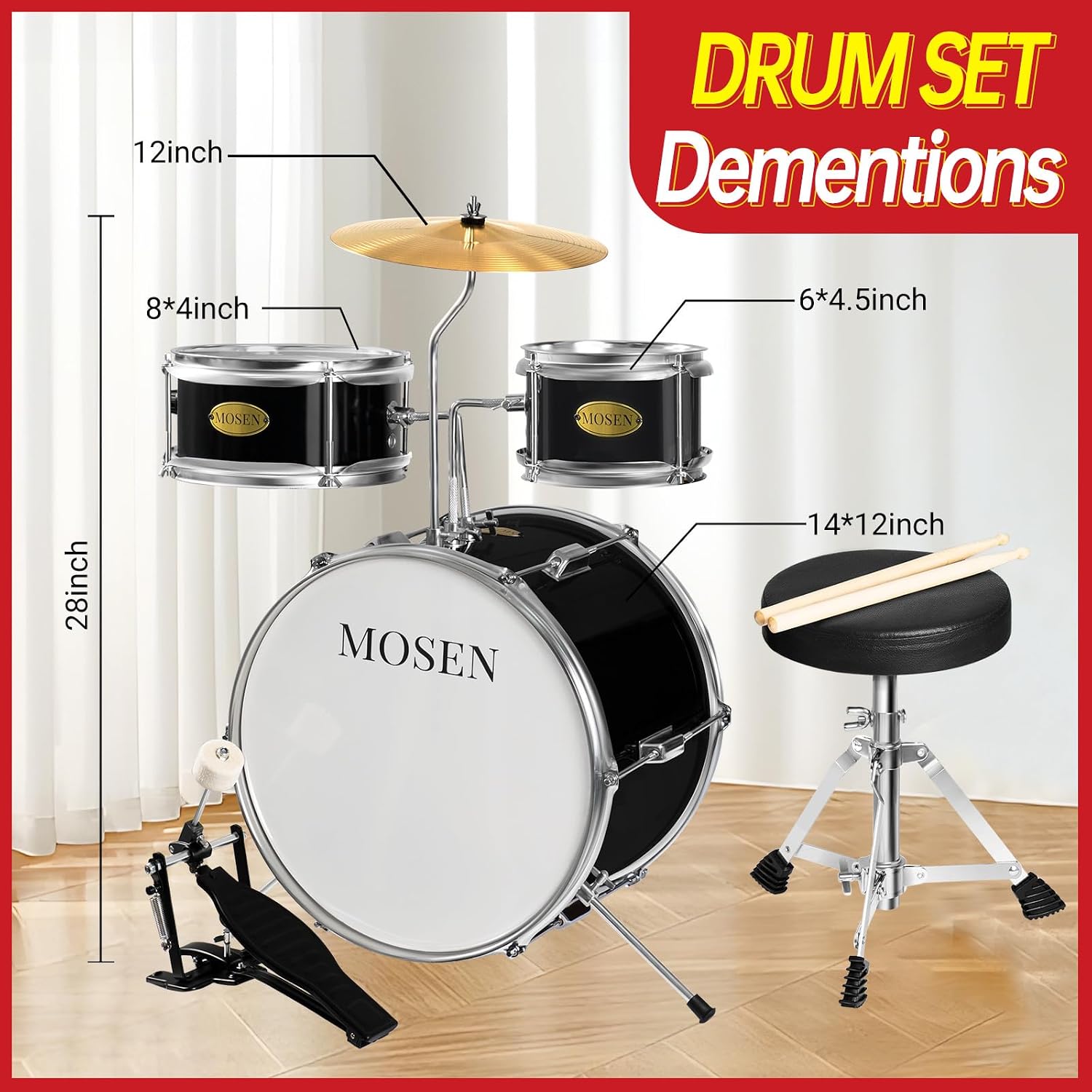 MOSEN Drum Set 3-Piece Beginner Drum Set Junior Drum Kit with Adjustable Throne, Cymbal, Pedal & Drumsticks Drums with Bass Tom Snare Drum - Black