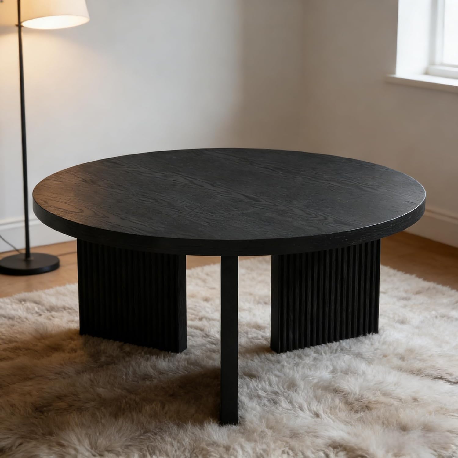Wooden Round Coffee Table, 35' Coffee Table with Smooth Thick Mesa, Low Circle Center Table with X Shaped Stable Legs, Accent Tea Table for Living Room, Office, Black