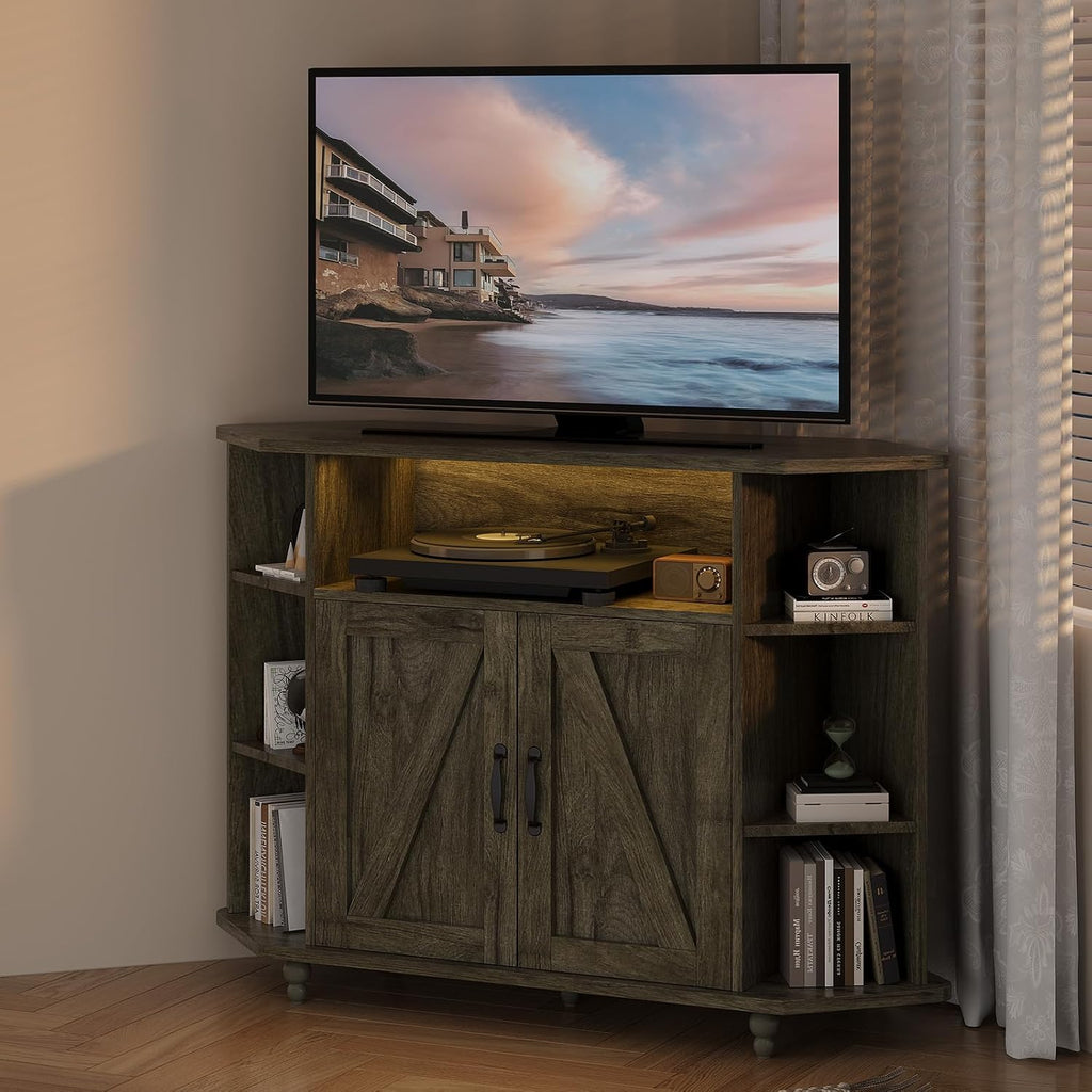 4 EVER WINNER Corner TV Stand for 50 Inch TV, 45' Farmhouse Corner Entertainment Center with Led Light, Open Storage, Adjustable Shelves, TV Cabinets for Living Room, Bedroom, Grey