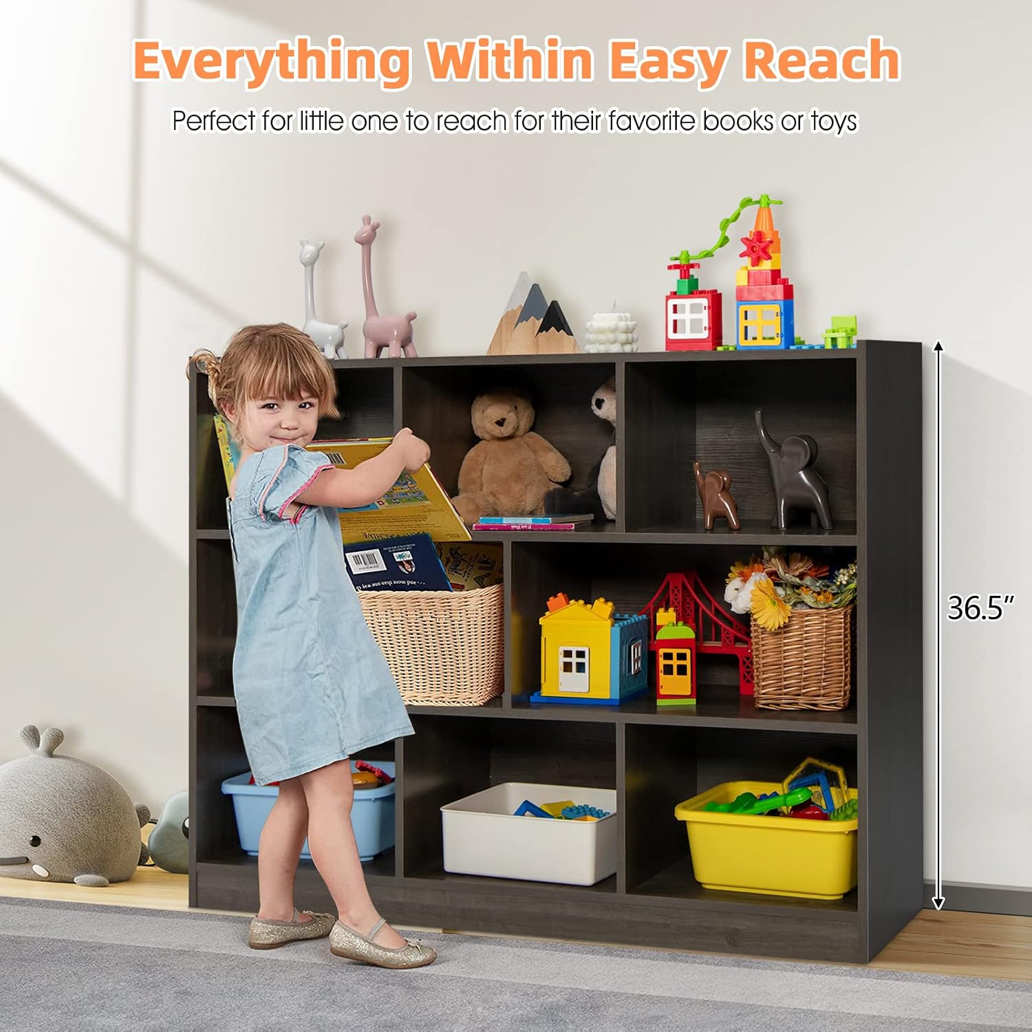 KOTEK Toy Storage Organizer, 8 Cubby Kids Bookshelf, Wooden 4-Tier Bookcase Storage Cabinet, Open Display Book Shelf for Daycare, Nursery, School, Classroom, Playroom (Grey, 8 Cubes)