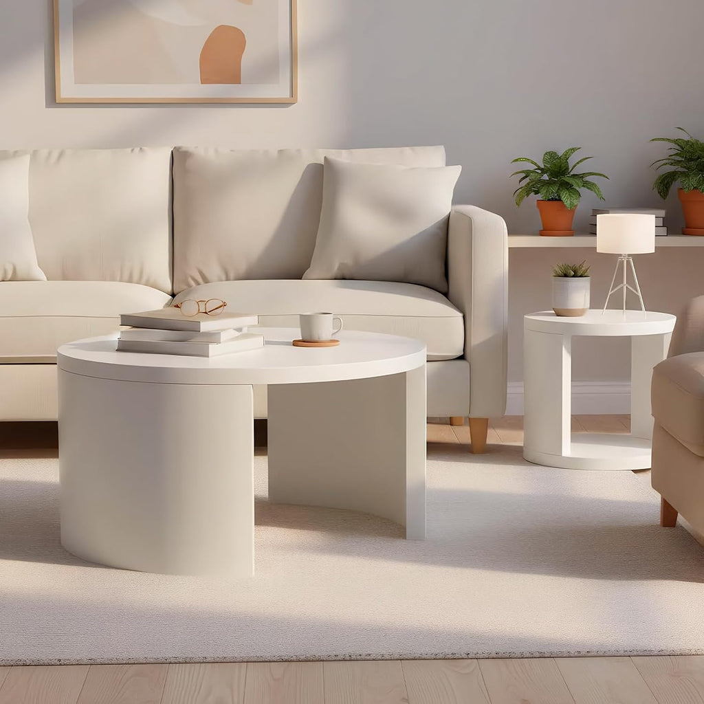 Round Coffee Table Set of 2, Nesting Coffee Tables with Storage, Living Room Table Set, Modern Wood Center Table for Living Room, Apartment, 31.5' & 18' Accent Table Set, White