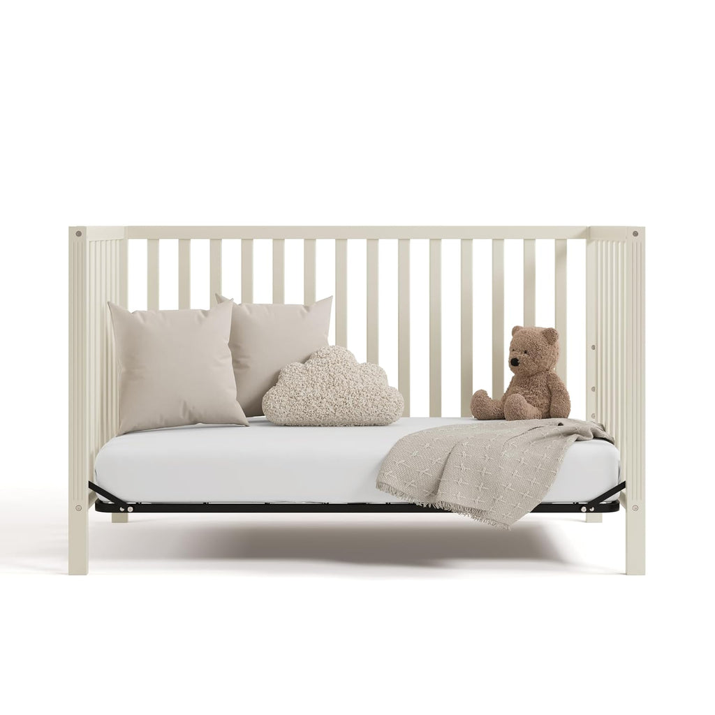Storkcraft Morningside 5-in-1 Convertible Crib – GREENGUARD Gold Certified, Fits Standard Crib Mattress, Converts to Toddler Bed, Daybed and Full Bed, 4 Adjustable Mattress Heights (Frosted Oat)