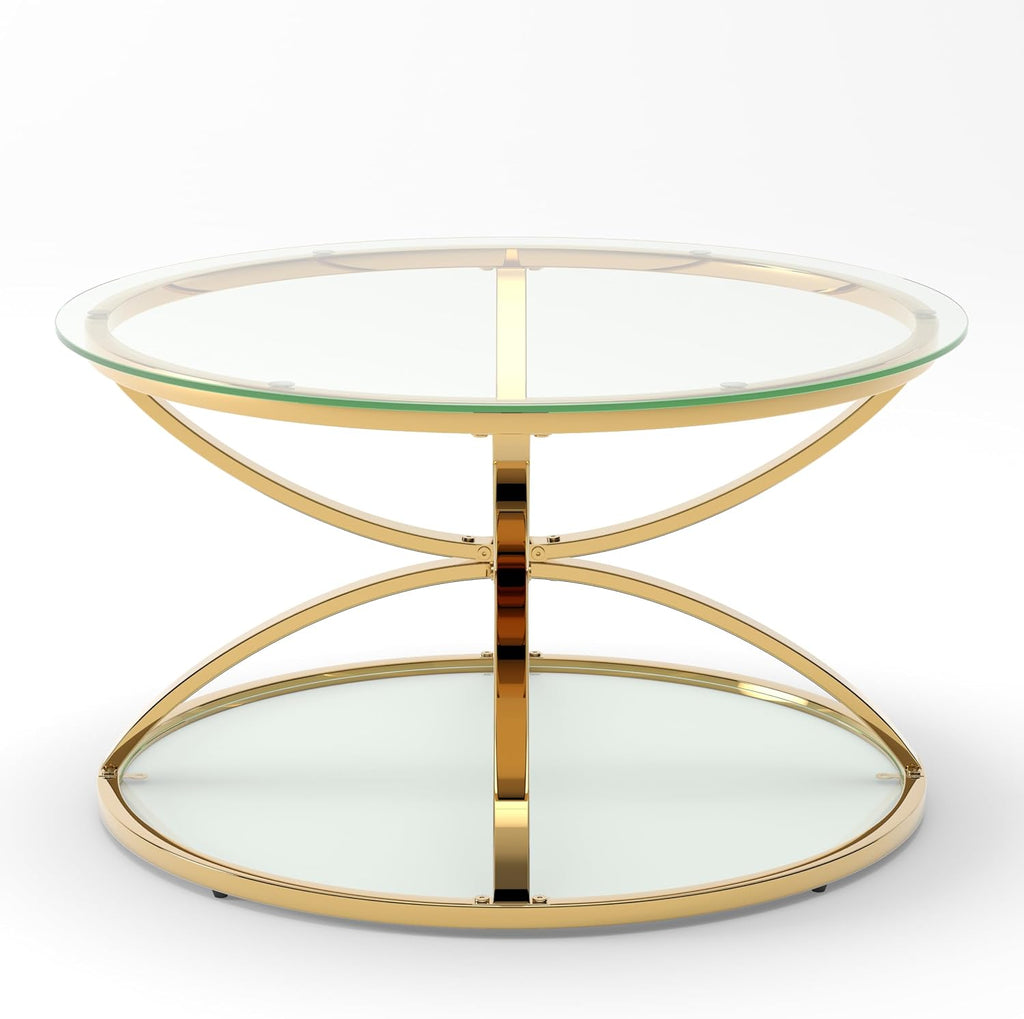 JIJIWANG 2 Tier Glass Round Coffee Table with Metal Frame and Clear Tempered Glass, 31.50'' Center Table with Ring-Shaped Frames for Living Room, Bedroom, Office, Gold
