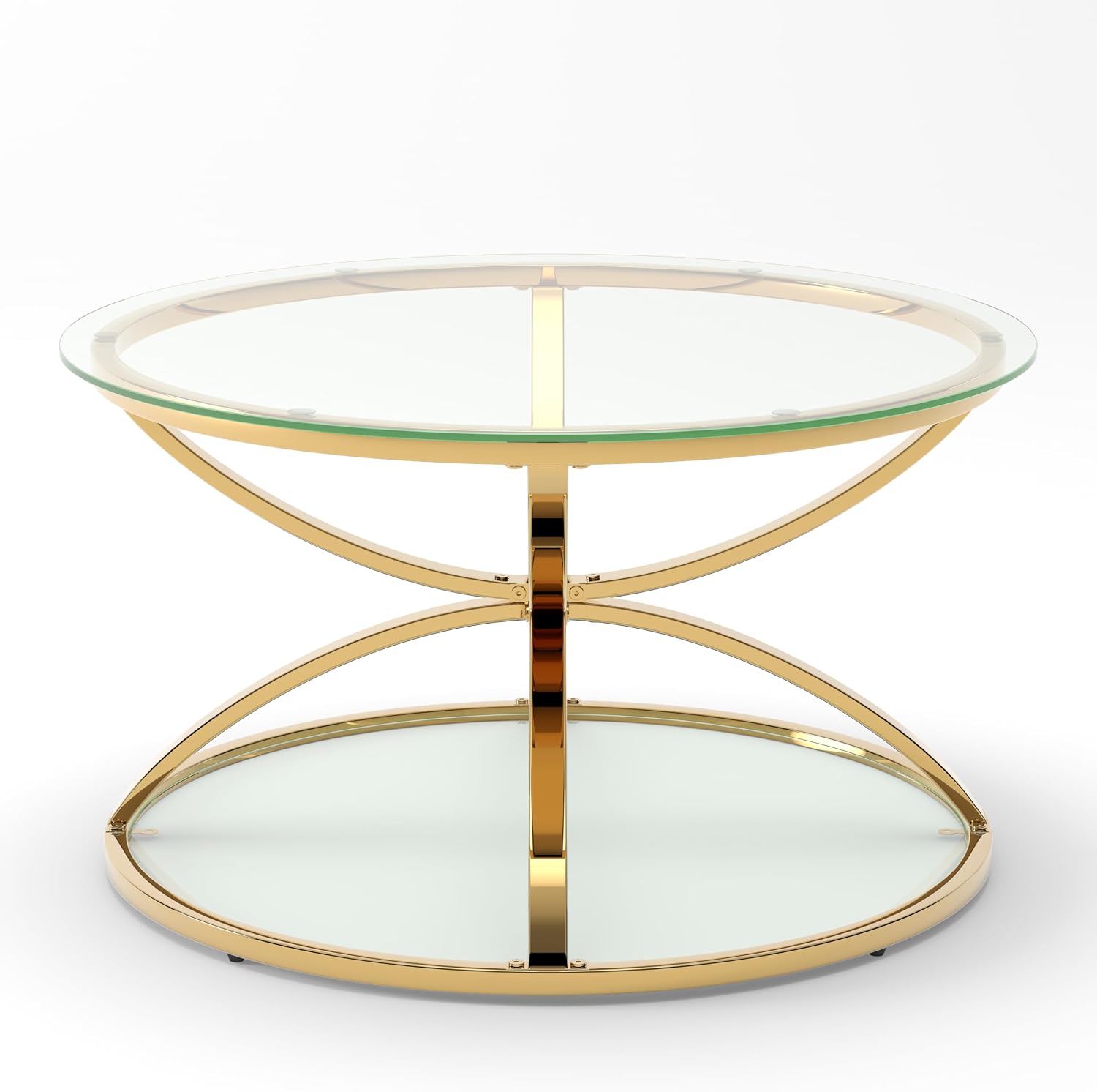 JIJIWANG 2 Tier Glass Round Coffee Table with Metal Frame and Clear Tempered Glass, 31.50'' Center Table with Ring-Shaped Frames for Living Room, Bedroom, Office, Gold