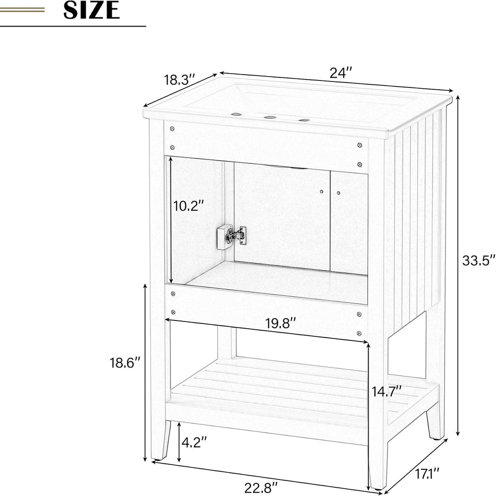 24 Inch Bathroom Vanity with Sink Set Combo, Cabinet with Doors and Open Shelf, Solid Wood Frame with Painted Finish, Modern Style