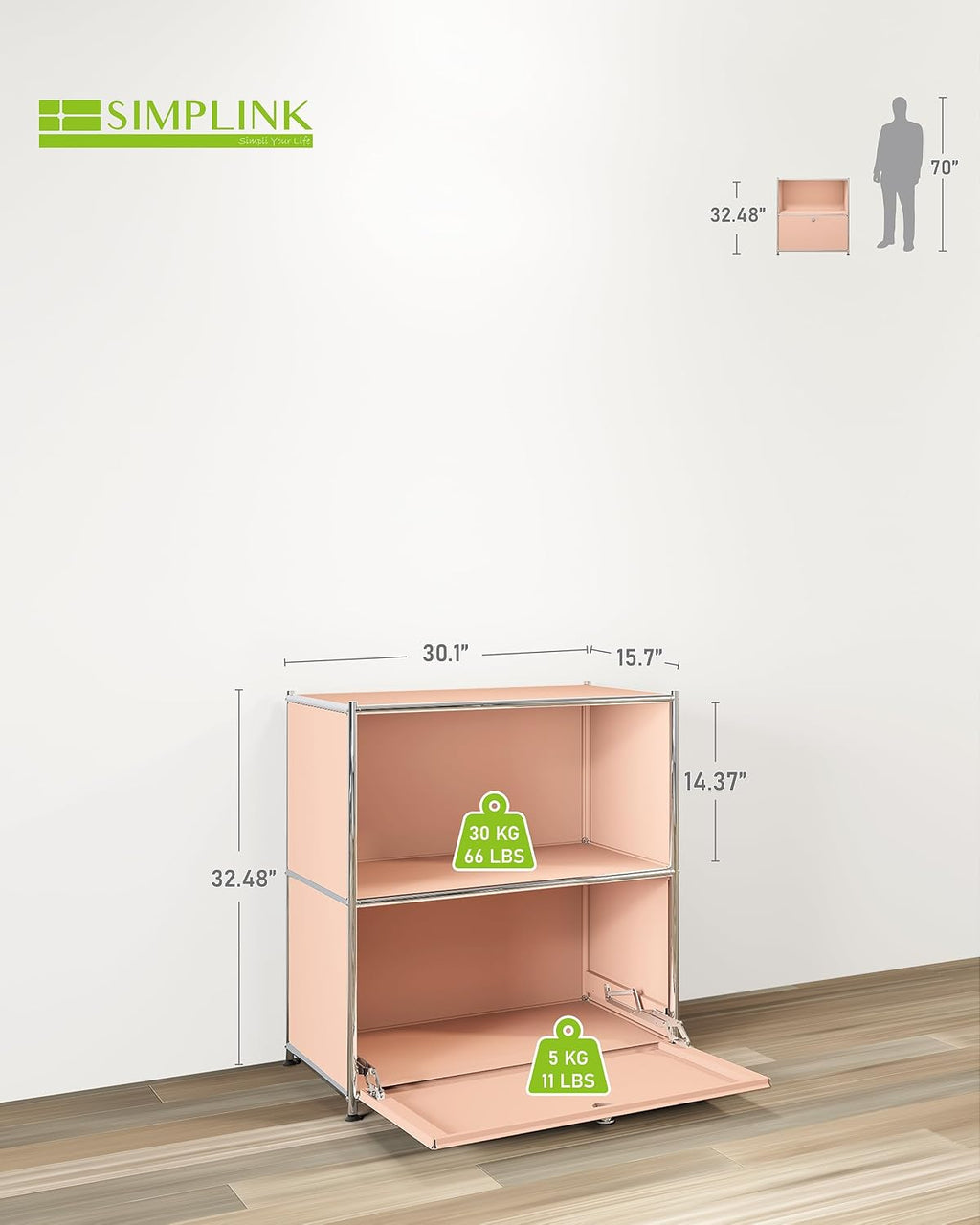 32.5-Inch Flip-Top Storage Cabinet with Detachable Wheels, Metal Side Table and Small Sideboard Cabinet for Living Room, Bedroom, Office, Orange