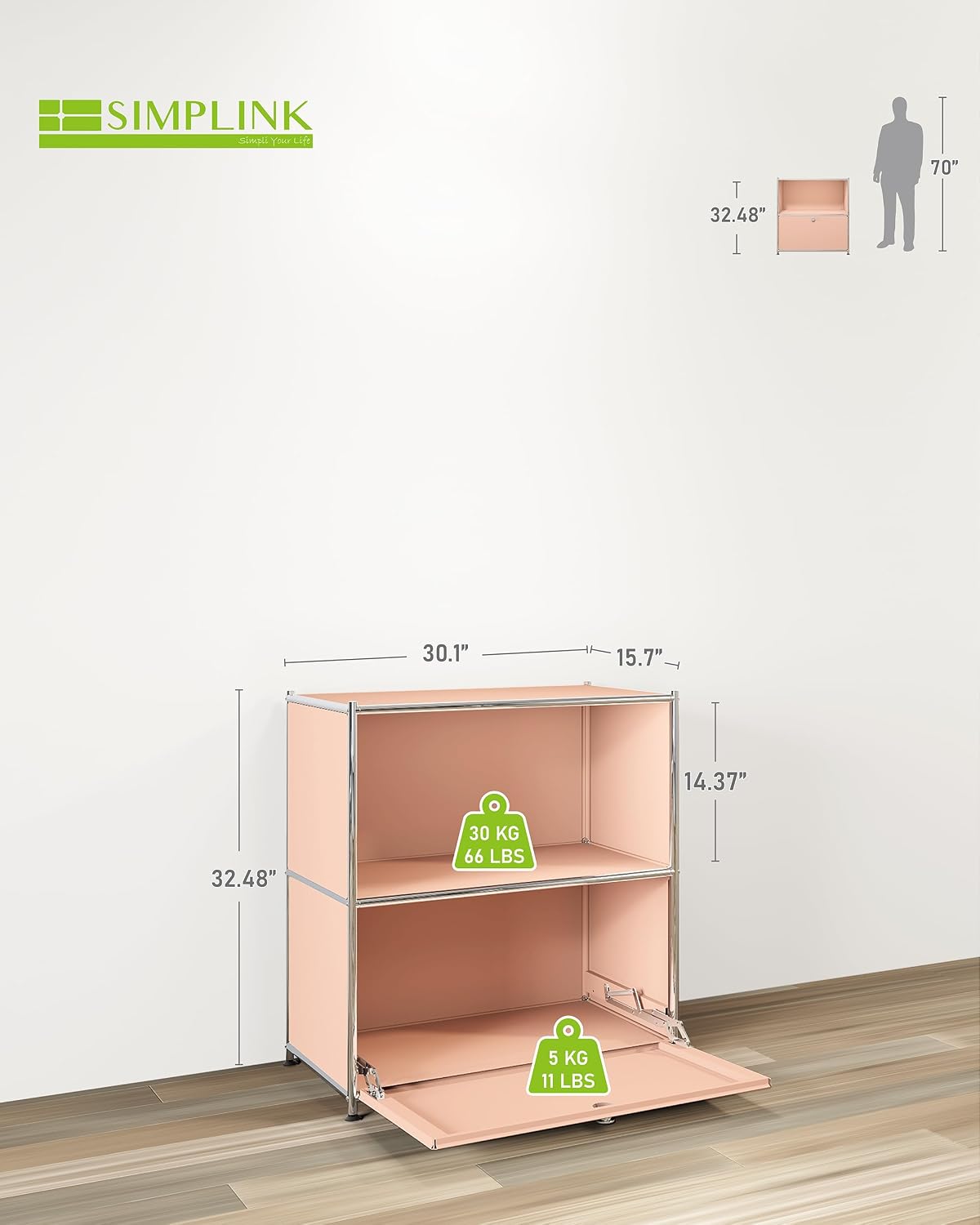 32.5-Inch Flip-Top Storage Cabinet with Detachable Wheels, Metal Side Table and Small Sideboard Cabinet for Living Room, Bedroom, Office, Orange