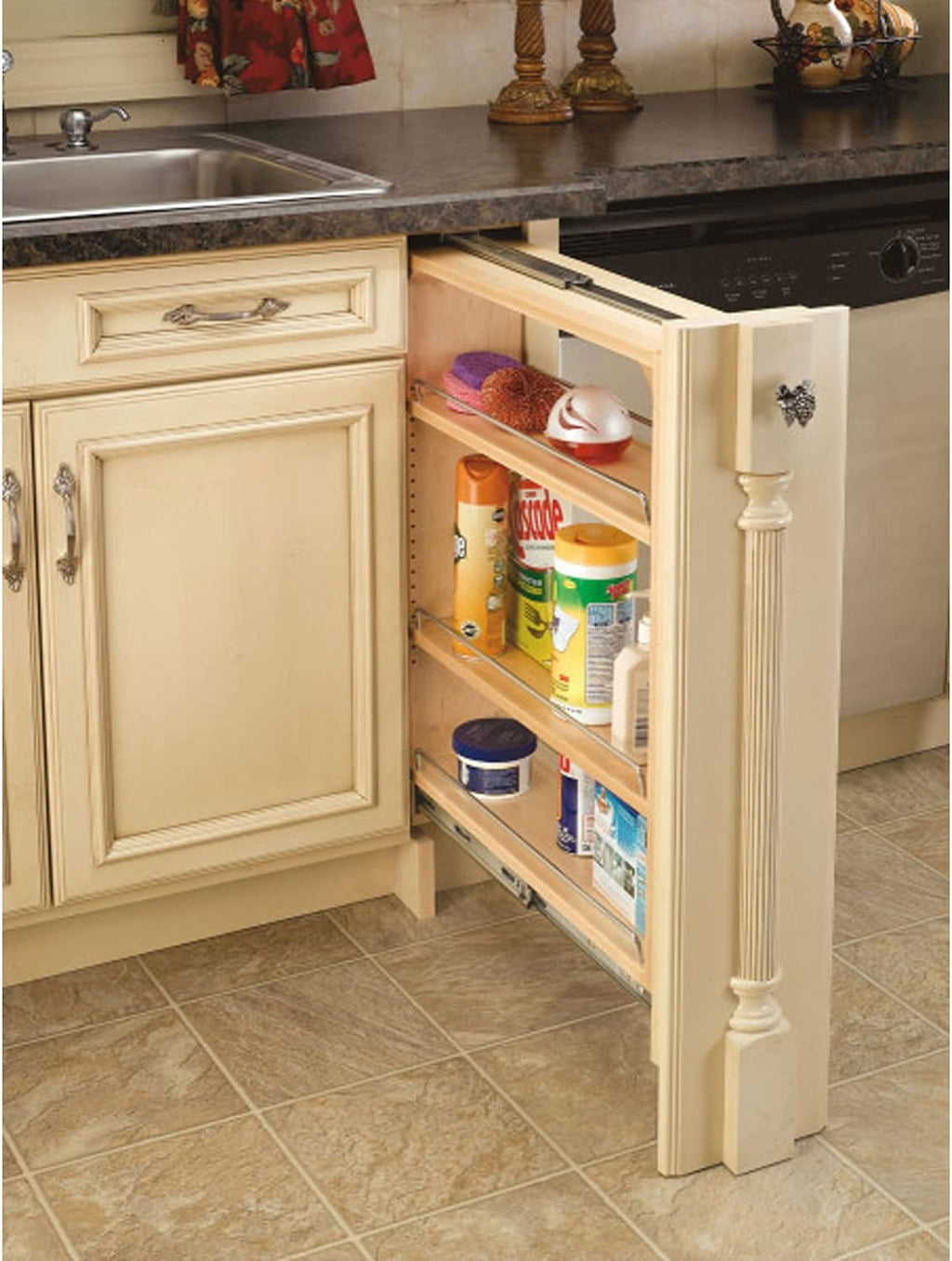 Rev-A-Shelf Pullout Filler for Between Base Kitchen Cabinets, Wooden Pantry Storage Shelves for 6' W x 30' H Opening, New Install Only, 432-BF-6C