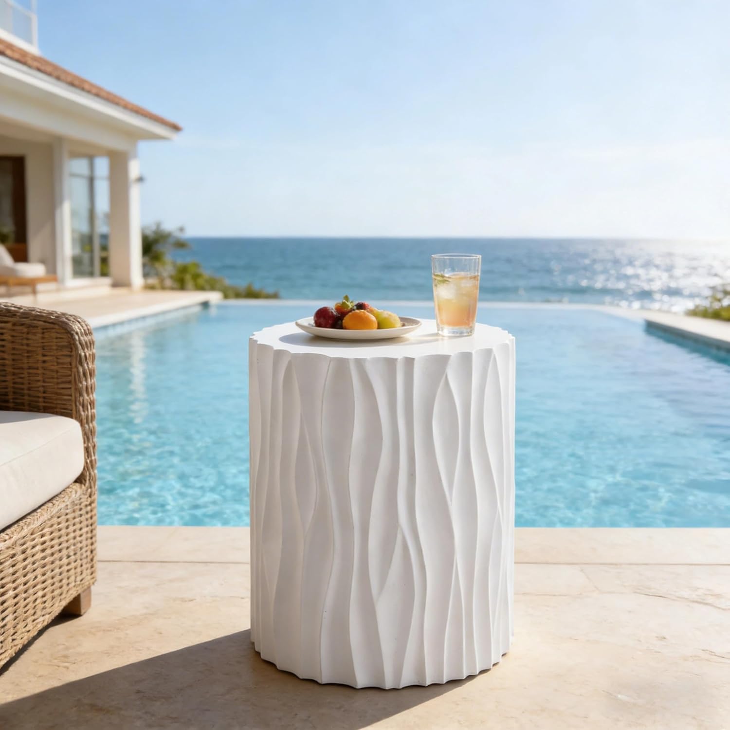 WILLIAMSPACE 15.75' Round Side Table with Wavy Fluted for Indoor & Outdoor, Modern Travertine Faux Marble Stone Small Coffee Table End Table, Magnesium Oxide, No Assembly, White