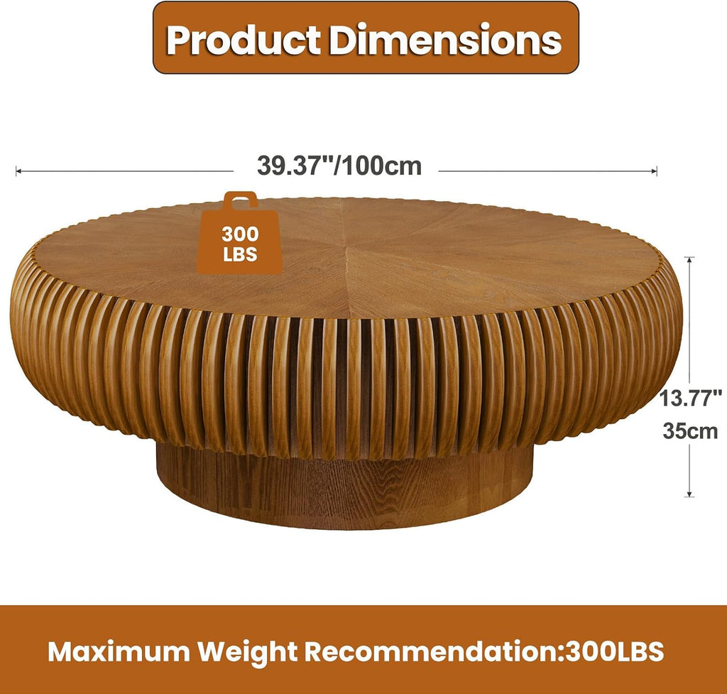 Round Drum Coffee Table with Sturdy Pedestal, Modern Wooden Fluted Coffee Table, Circle Center Table Accent Tea Table for Living Room Apartment Office Reception Room (Brown D39.4)