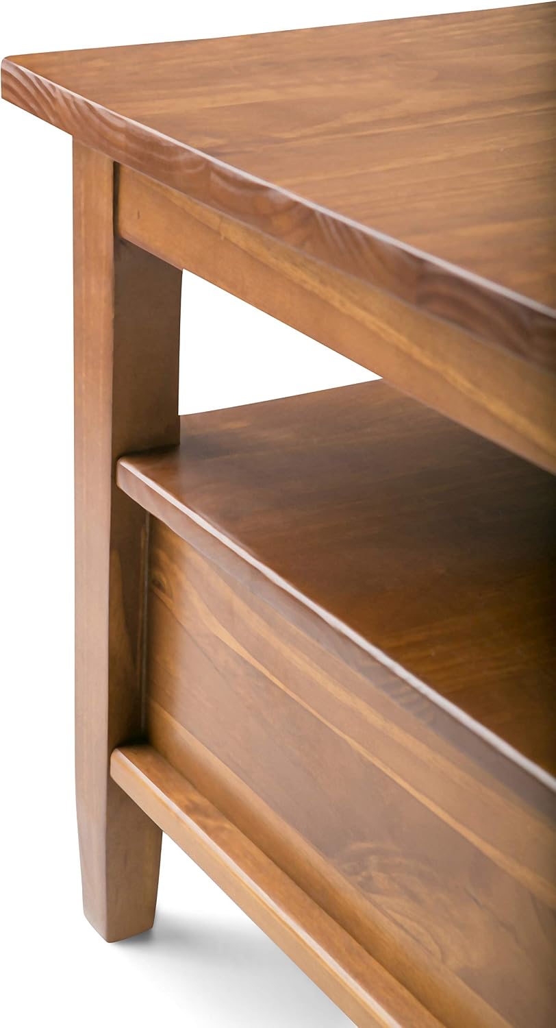 SIMPLIHOME Warm Shaker Coffee Table - 48 inch Wide Solid Wood Coffee Table in Light Golden Brown, Transitional Living Room Table with 2 Drawers, Open Shelf, Shaker Fronts and Tapered Legs